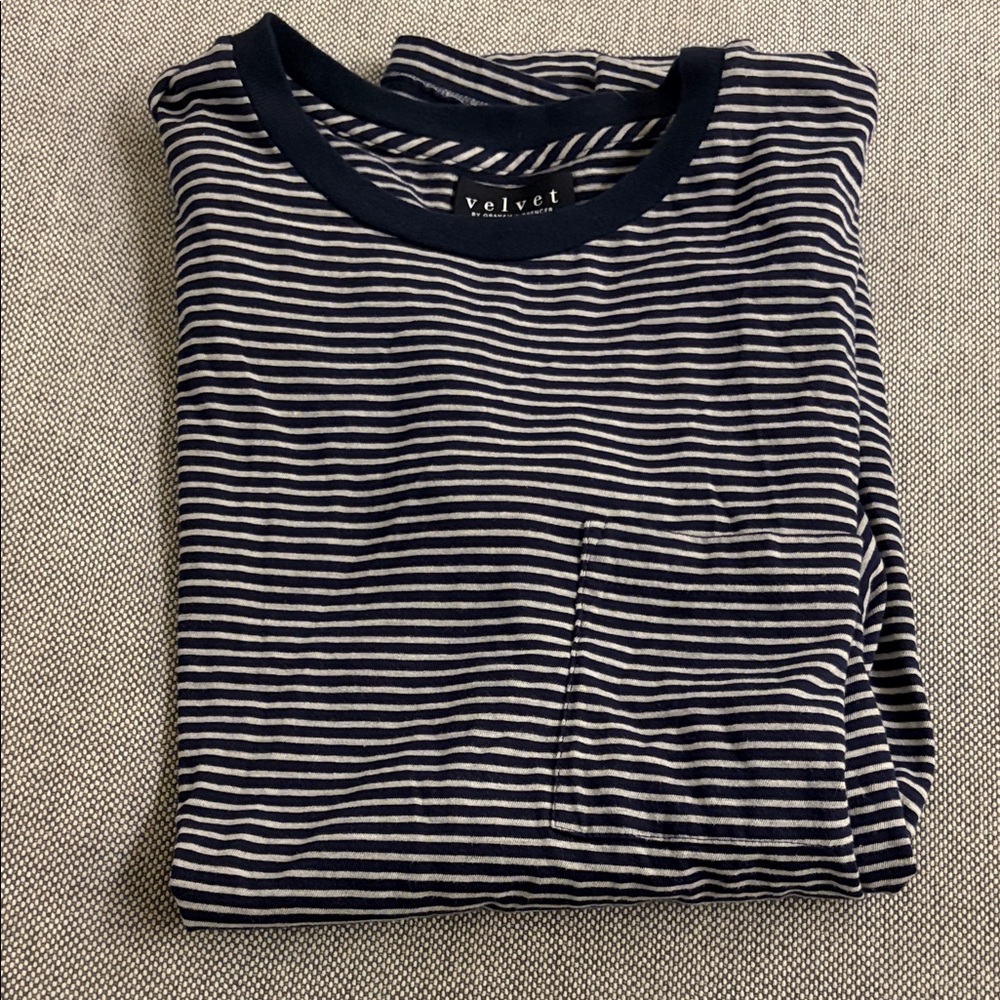 Velvet Men's Navy and White Striped Long Sleeve Tee